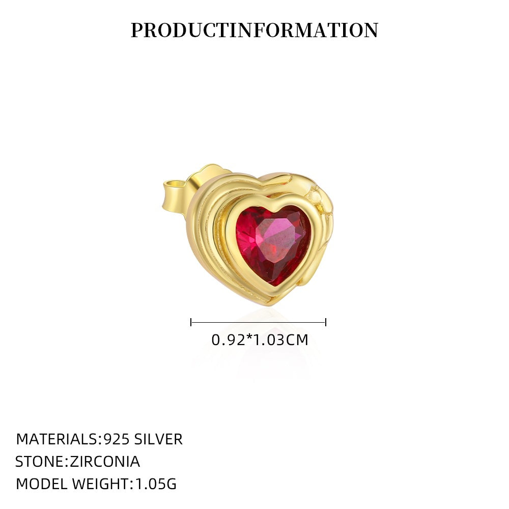 S925 Sterling Silver Heart Stud Earrings with Colorful Cubic Zirconia(Single unit)