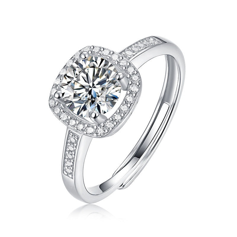 S925 Silver Small Square Adjustable Open Ring with Moissanite Halo Setting