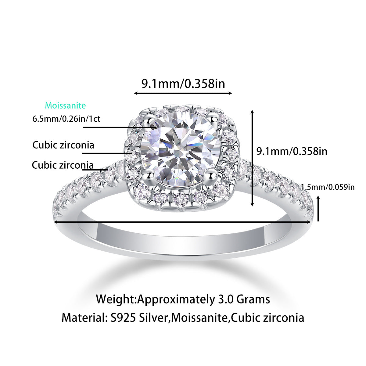 S925 Silver "Square Sugar" Moissanite Ring