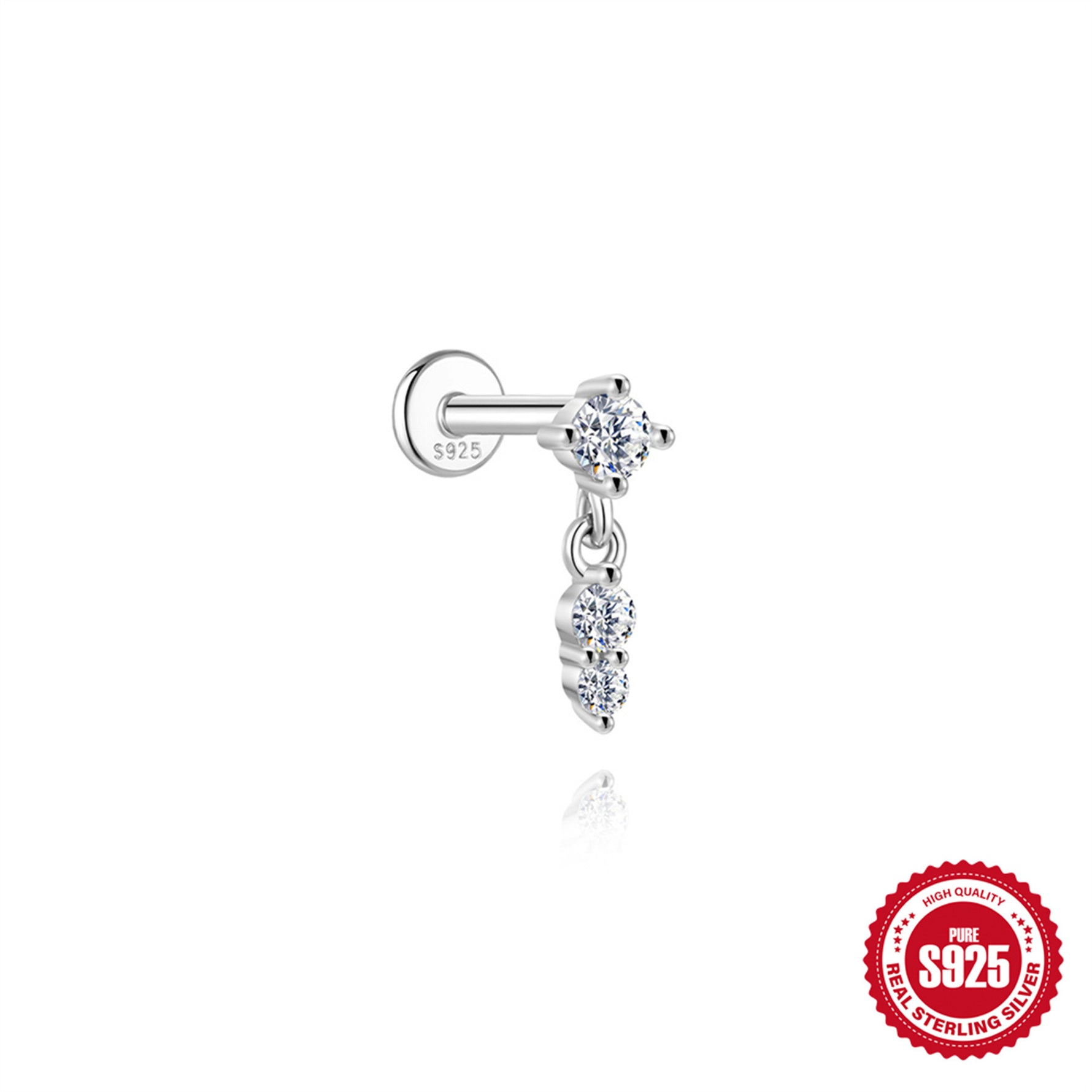 S925 Sterling Silver Moissanite Flat-Back Threaded Cartilage Stud(Single unit)