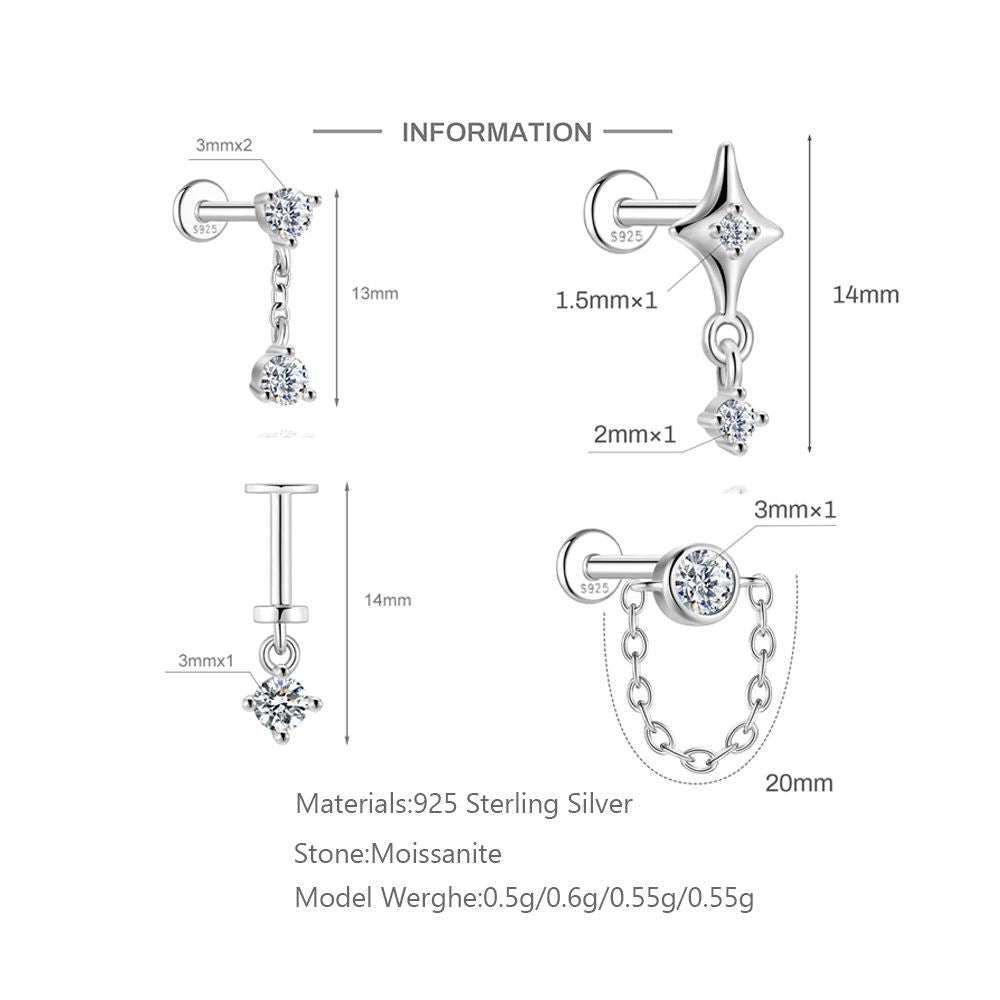 S925 Sterling Silver Moissanite 16G Cartilage Stud(Single unit)