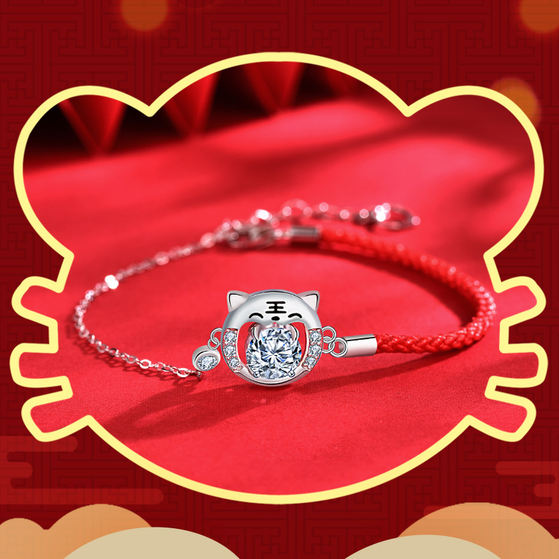 925 Sterling Silver Moissanite Tiger Red String Bracelet