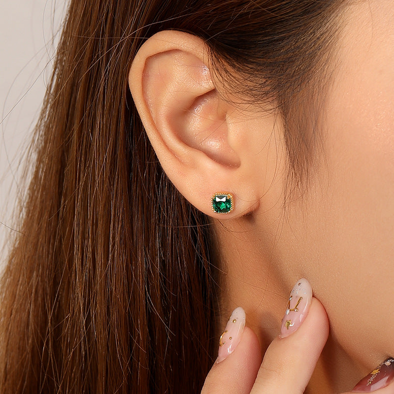 925 Sterling Silver Emerald and Zircon Stud Earrings