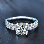 S925 Sterling Silver Center Moissanite with Double Row Diamond Accent Halo Vow Ring