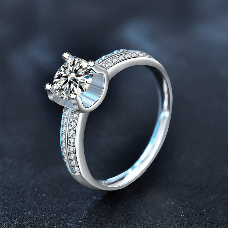 S925 Sterling Silver Center Moissanite with Double Row Diamond Accent Halo Vow Ring