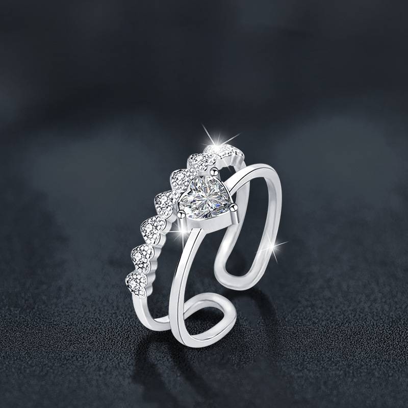 S925 Sterling Silver Moissanite Heart-Shaped Double-Layer Ring