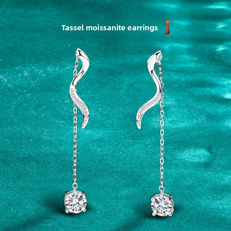 S925 Sterling Silver Moissanite Stud Earrings, High-End Long Tassel Earrings
