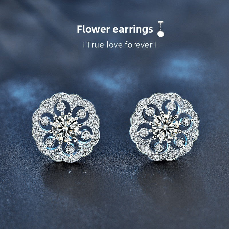 925 Sterling Silver Delicate Round Flower Moissanite Stud Earrings
