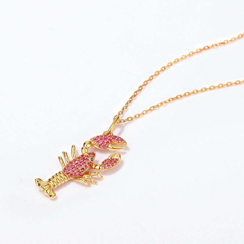 S925 Sterling Silver Gold-Plated Crayfish and Rutile Pendant Zircon Necklace