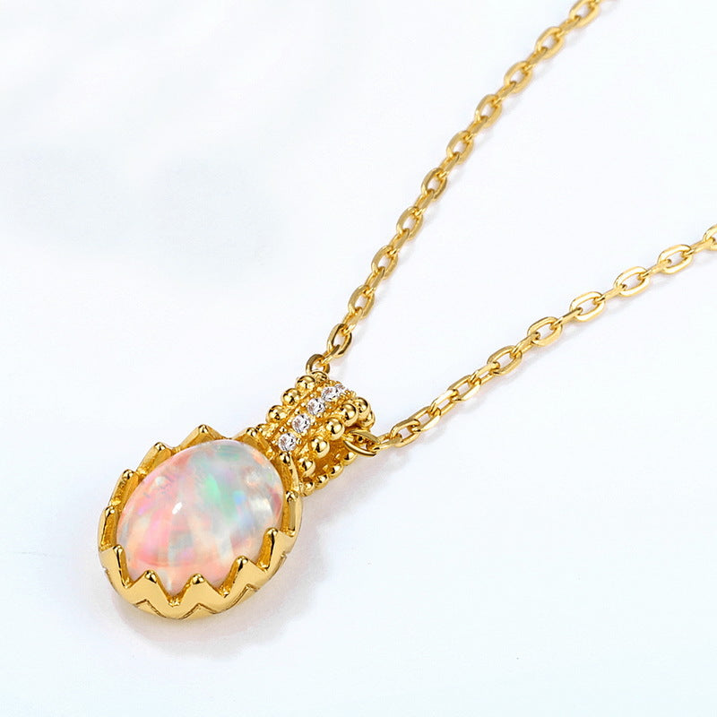 S925 Sterling Silver Gold-Plated Retro Opal Pendant Egg Necklace
