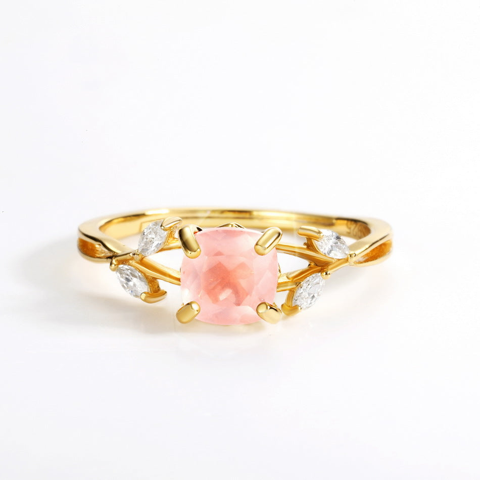 S925 Sterling Silver Gold-Plated Natural Rose Quartz Leaf Zircon Ring