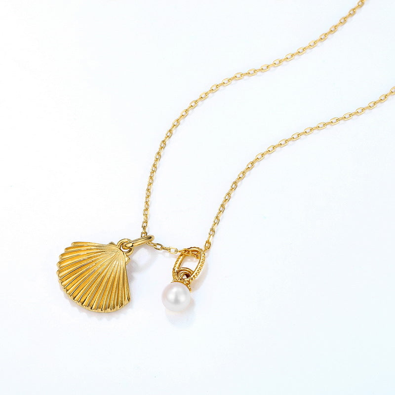 S925 Sterling Silver 9k Gold Freshwater Pearl Scallop Necklace