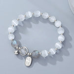 S925 Sterling Silver Bracelet, Fu‑Charm Cat's‑Eye Stone with Bell Beads