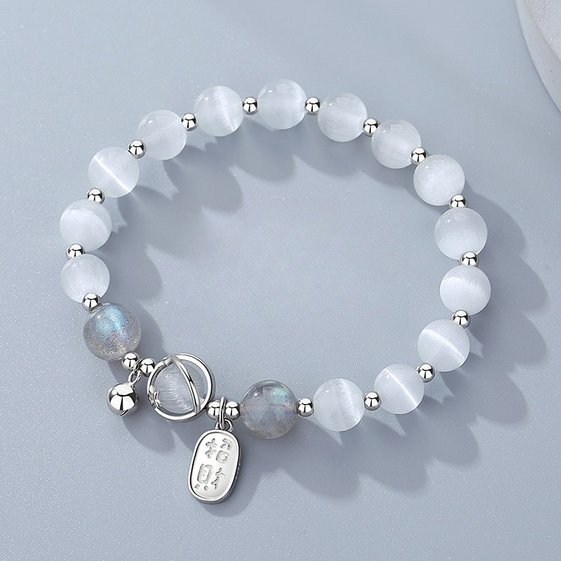 S925 Sterling Silver Bracelet, Fu‑Charm Cat's‑Eye Stone with Bell Beads