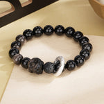 999 Pure Silver Bracelet, Natural Obsidian Retro Lion Dance Safety Buckle