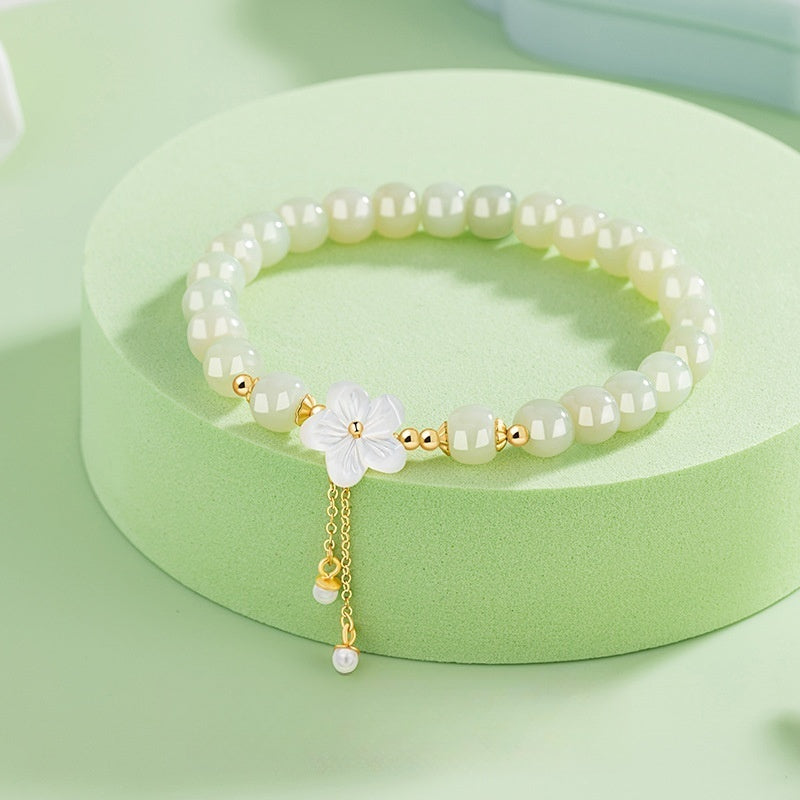 S925 Sterling Silver Hetian Jade Peach Blossom Shell Flower Ins Style Bracelet