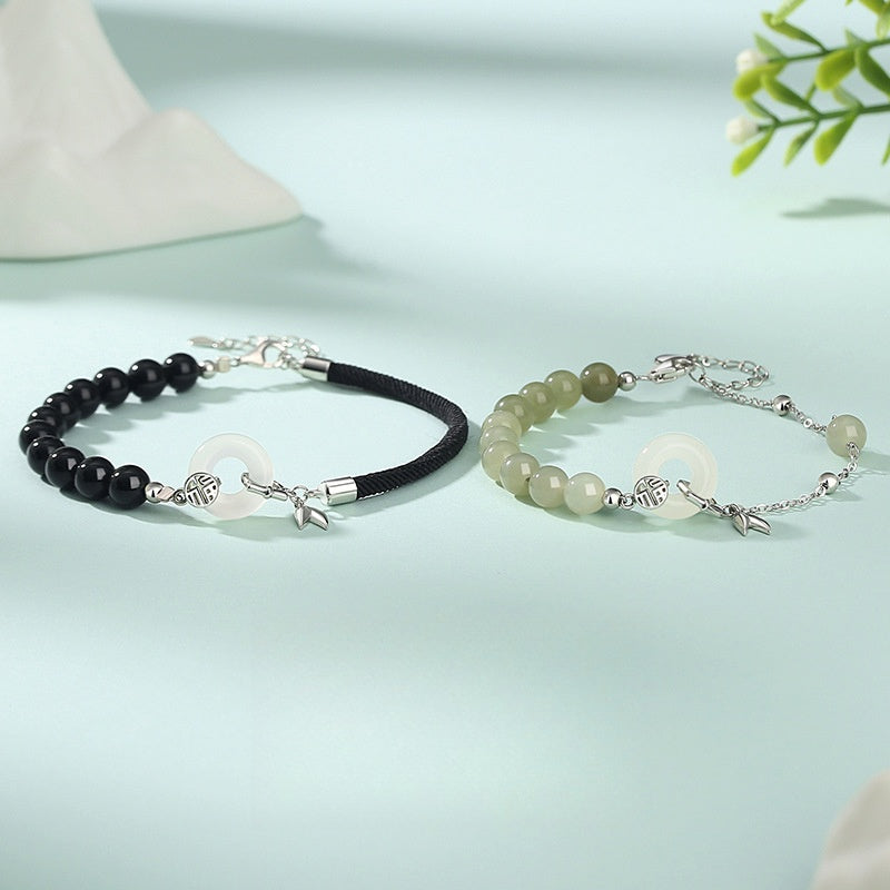 S925 Sterling Silver Hetian Jade & Agate Bamboo Joint Safety Buckle Couple Beaded Bracelet