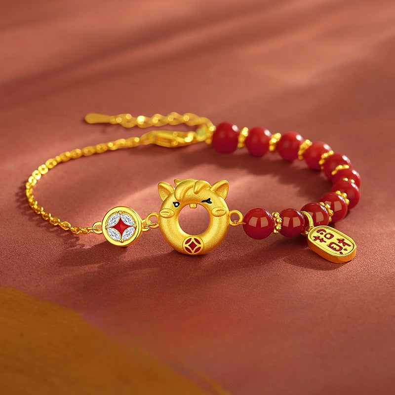 S925 Sterling Silver Red Agate Cute Horse Safety Buckle Bracelet for Women, Chinese Style Zodiac Birth Year Jewelry