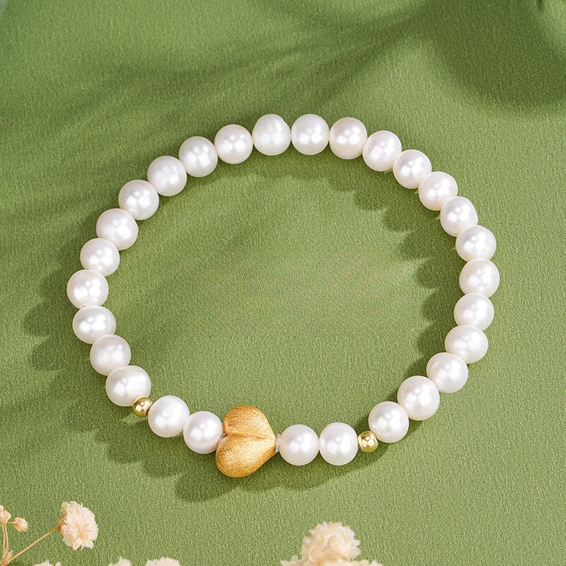 S925 Sterling Silver Natural Freshwater Pearl Peach Heart Bracelet