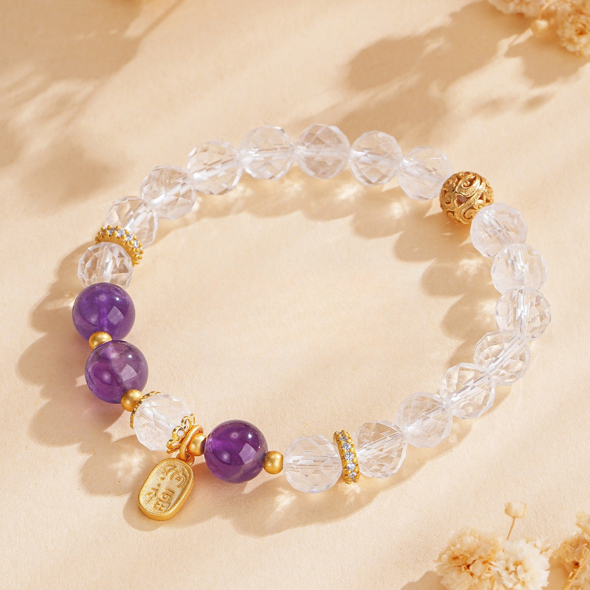 S925 Silver Beaded Bracelet, Natural Clear Quartz and Amethyst, Elegant Unique Design