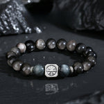 999 Pure Silver Octagram Obsidian Neo‑Chinese Cool Style Bracelet for Men,
