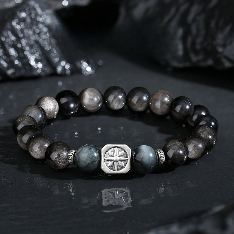 999 Pure Silver Octagram Obsidian Neo‑Chinese Cool Style Bracelet for Men,