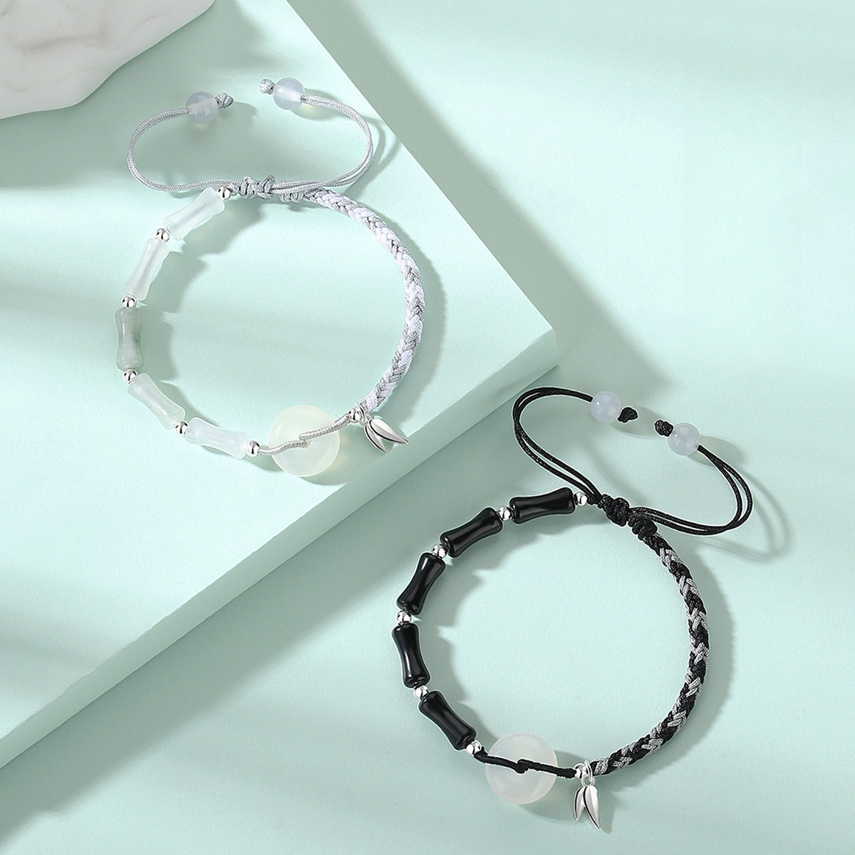 S925 Sterling Silver Braided Couple Bracelet, White Chalcedony Safety Buckle with Obsidian Bamboo‑Joint