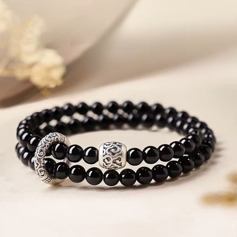 999 Pure Silver Pixiu Natural Double-Layer Obsidian Bracelet, Cloud Pattern Ping An Kou, Zodiac Year Bracelet