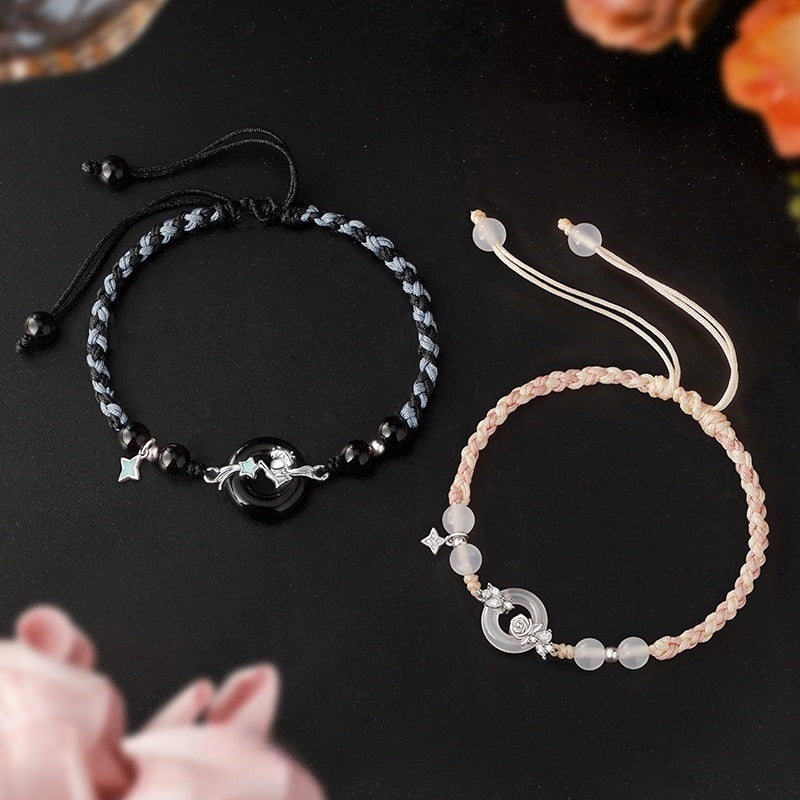 Little Prince & Rose Natural Agate Ping An Kou Couple Bracelets