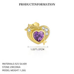 S925 Sterling Silver Heart Stud Earrings with Colorful Cubic Zirconia(Single unit)