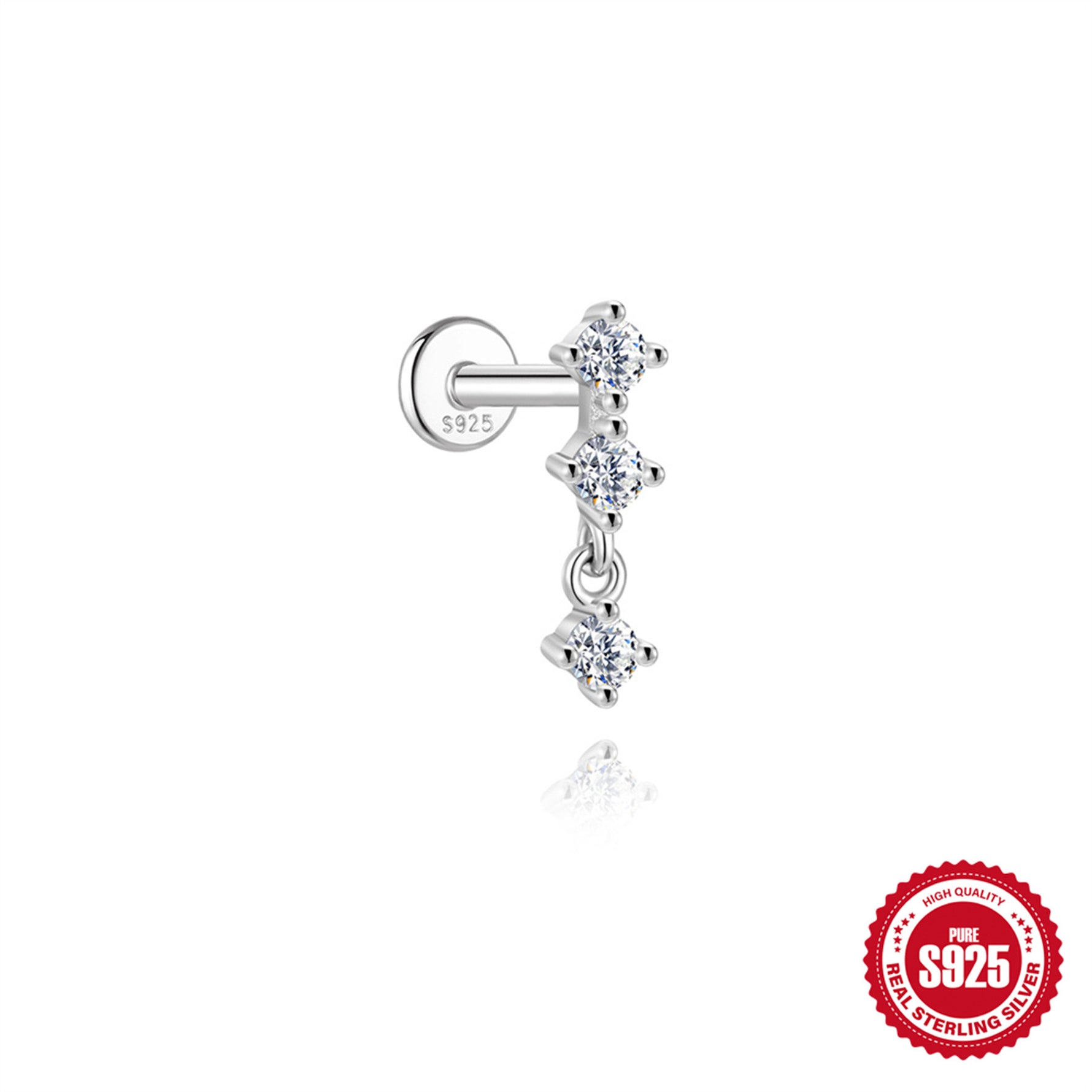 S925 Sterling Silver Moissanite Flat-Back Threaded Cartilage Stud(Single unit)