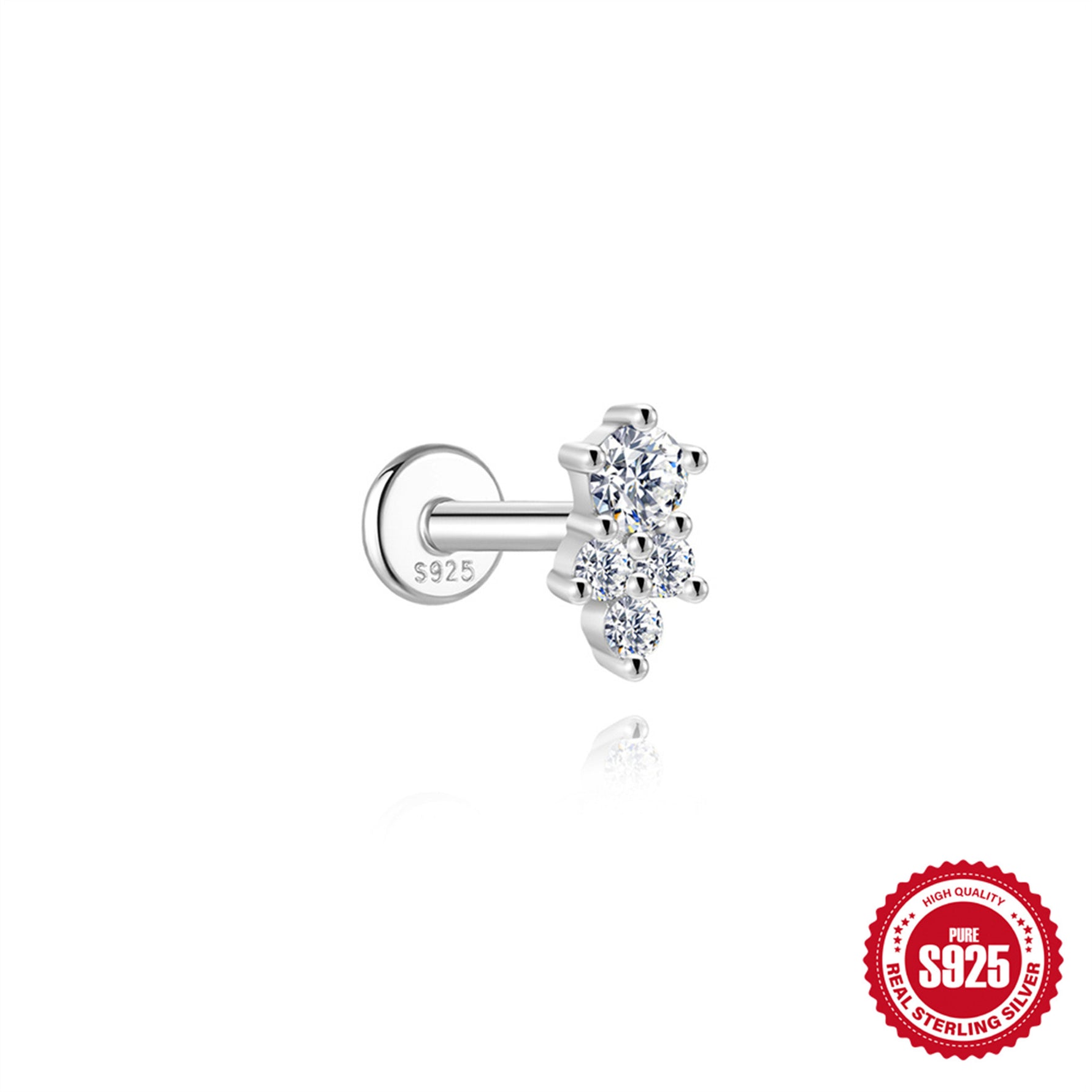 S925 Sterling Silver Moissanite Flat-Back Threaded Cartilage Stud(Single unit)