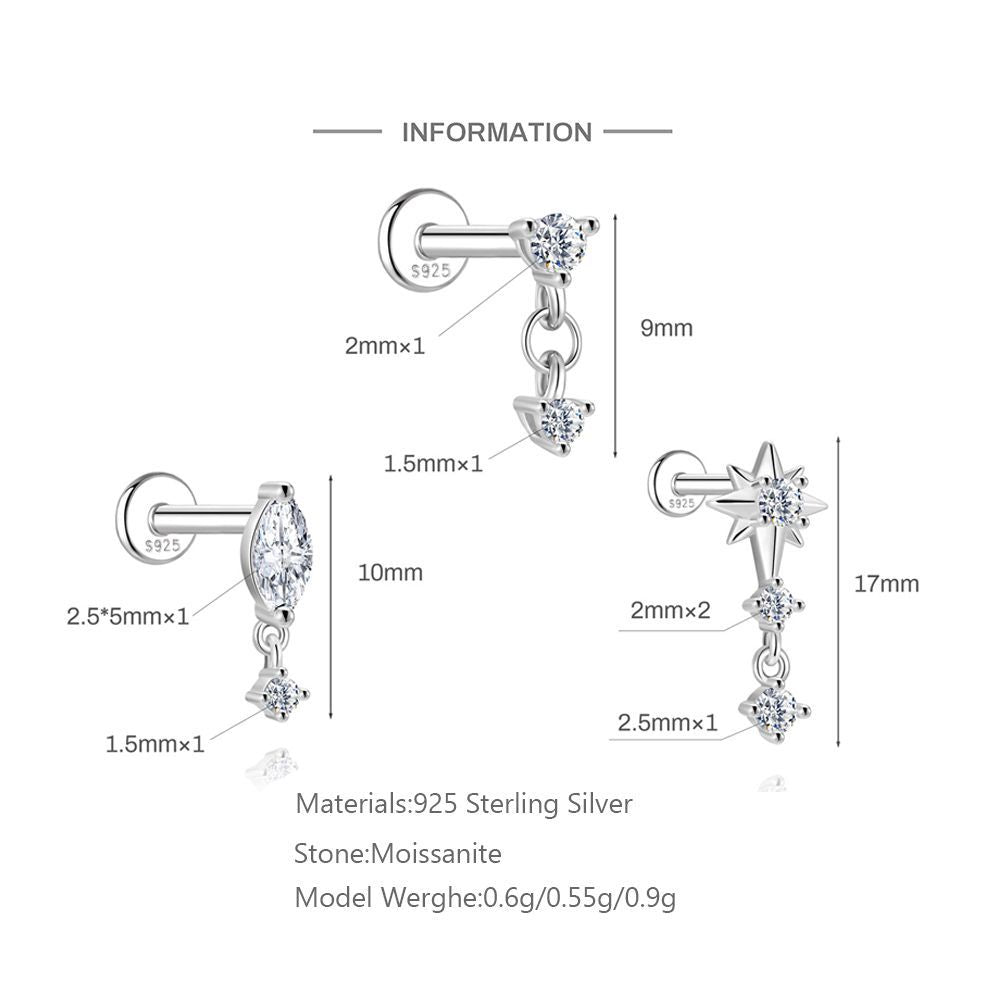 S925 Sterling Silver Moissanite 16G Cartilage Stud(Single unit)