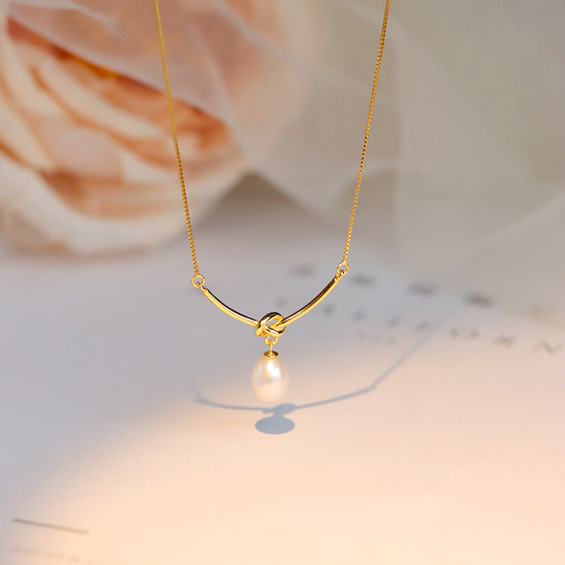 S925 Sterling Silver Box Chain Single Freshwater Pearl Knot Necklace