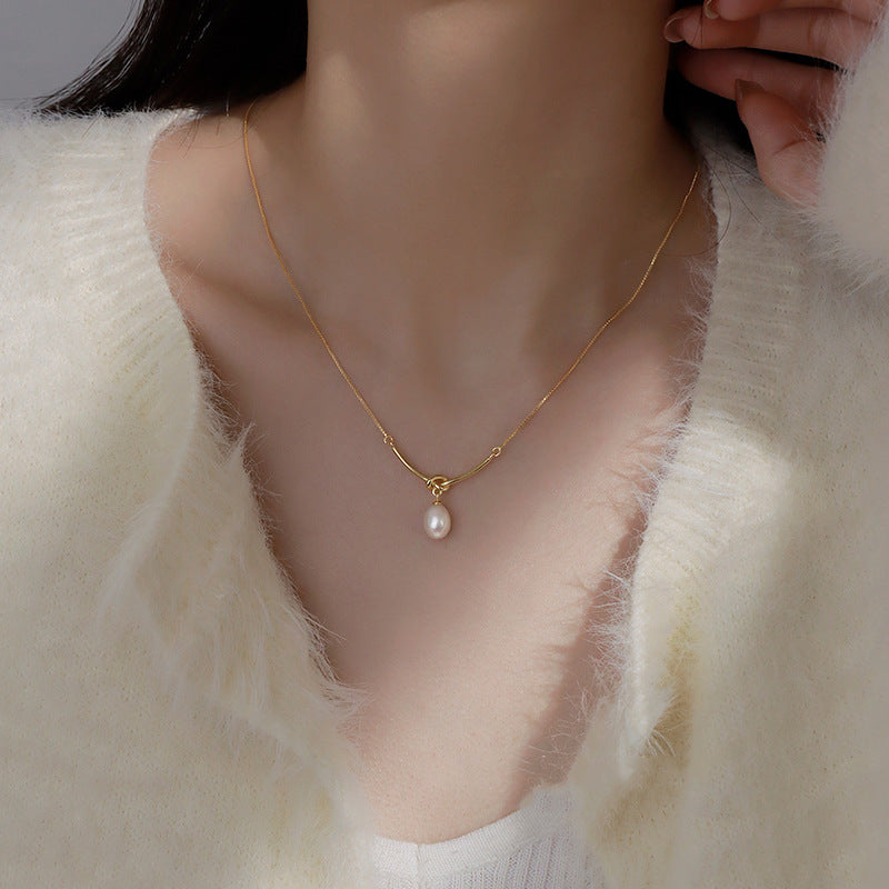 S925 Sterling Silver Box Chain Single Freshwater Pearl Knot Necklace