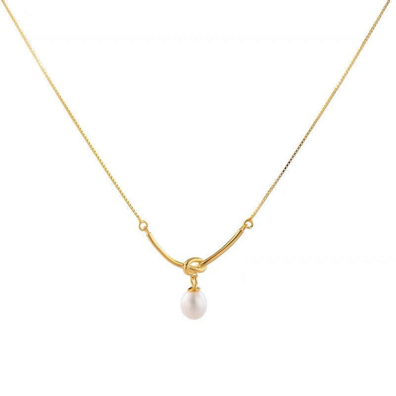 S925 Sterling Silver Box Chain Single Freshwater Pearl Knot Necklace