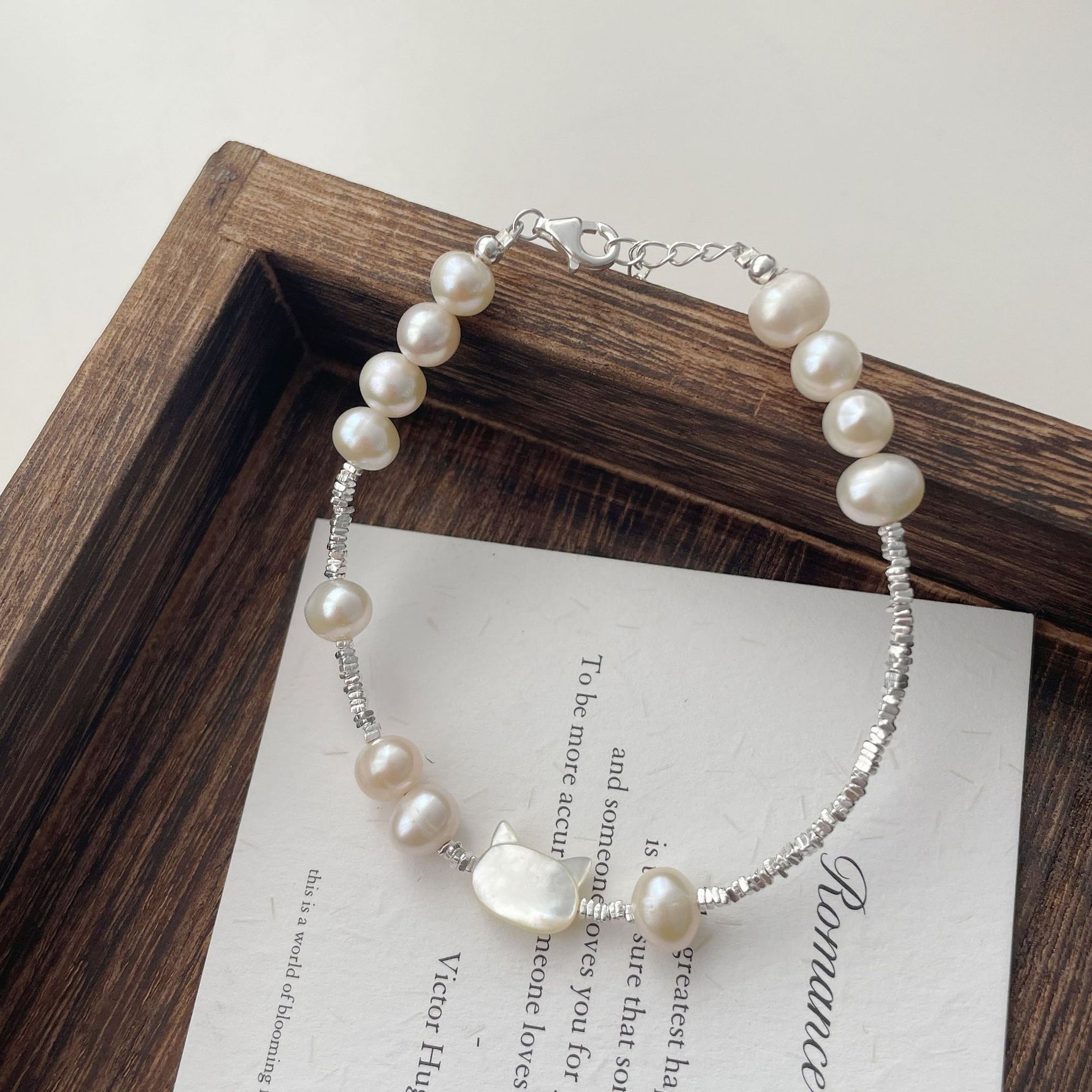 S925 silver natural fritillary cat freshwater pearl broken silver bracelet