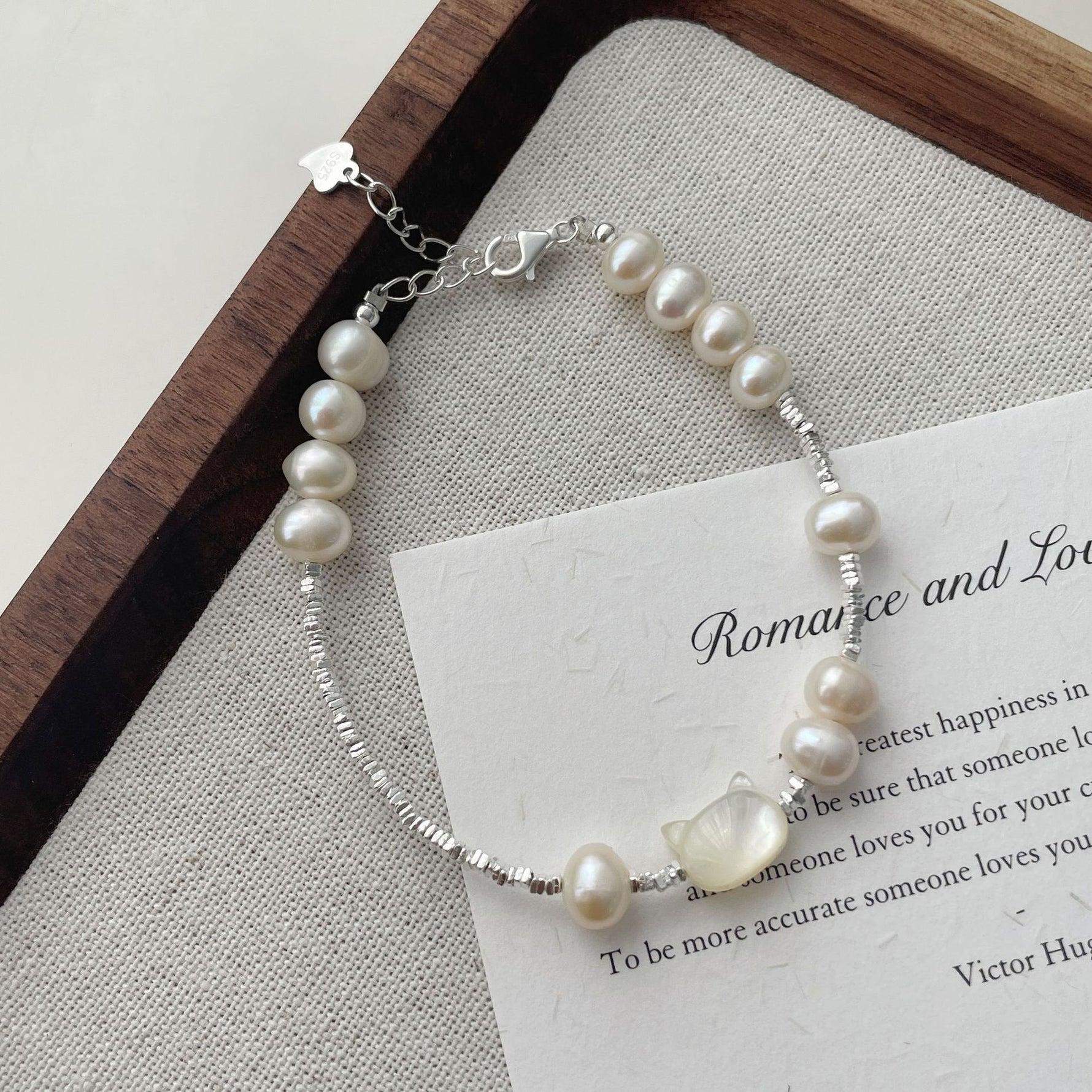 S925 silver natural fritillary cat freshwater pearl broken silver bracelet