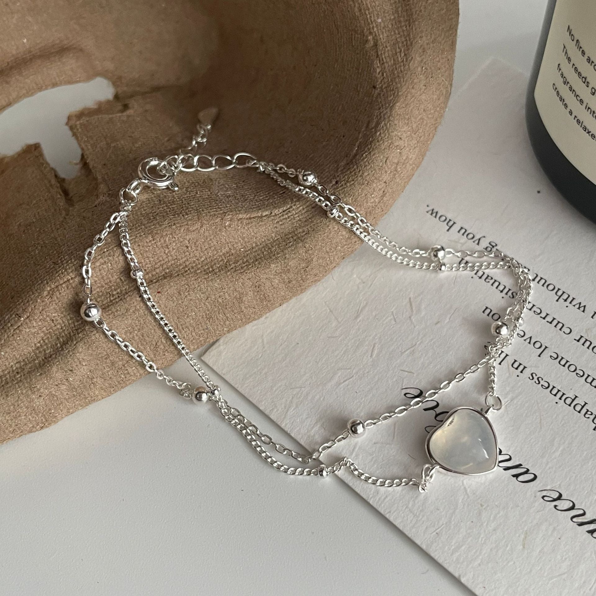 S925 Silver and White Chalcedony Heart Double-Layer Bracelet