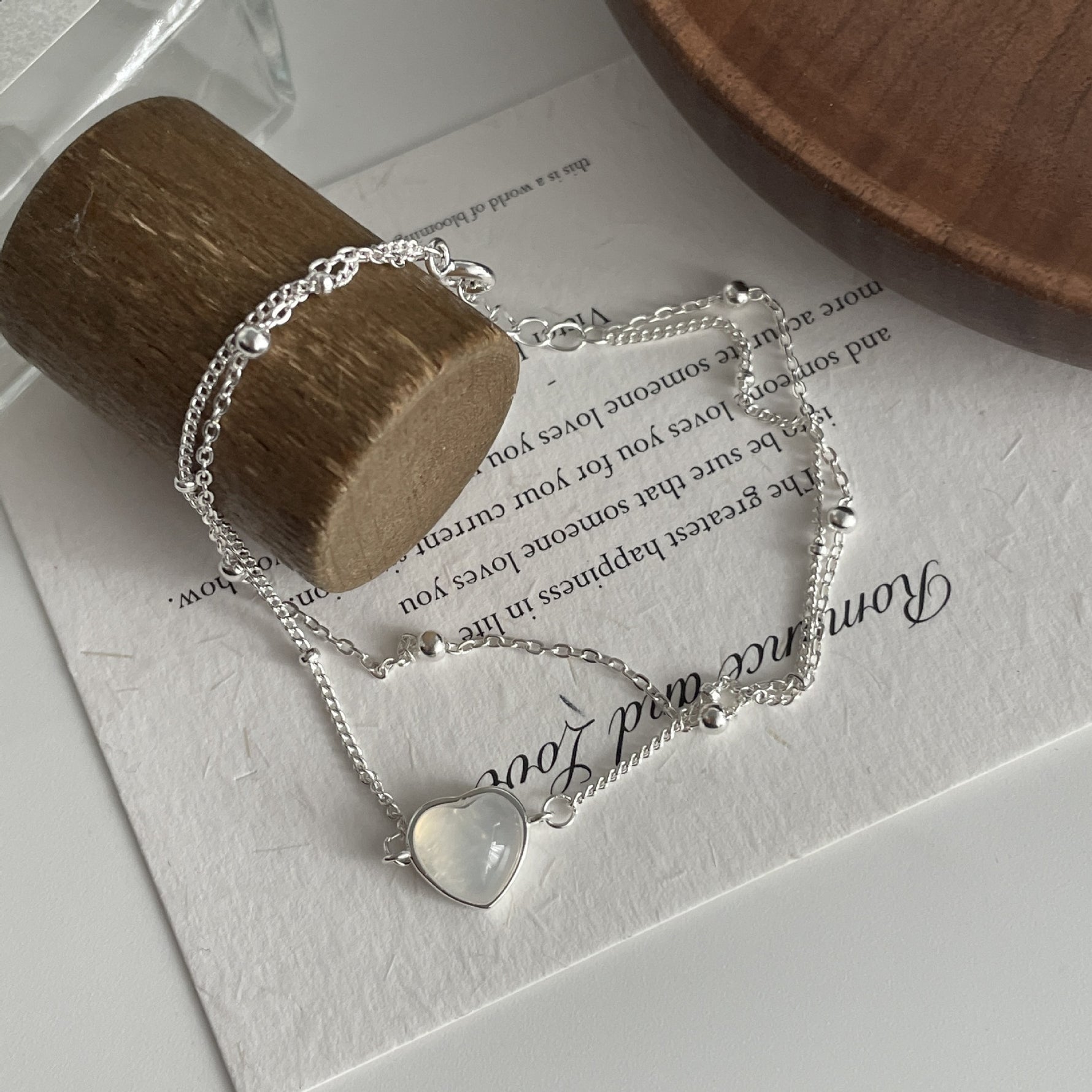 S925 Silver and White Chalcedony Heart Double-Layer Bracelet