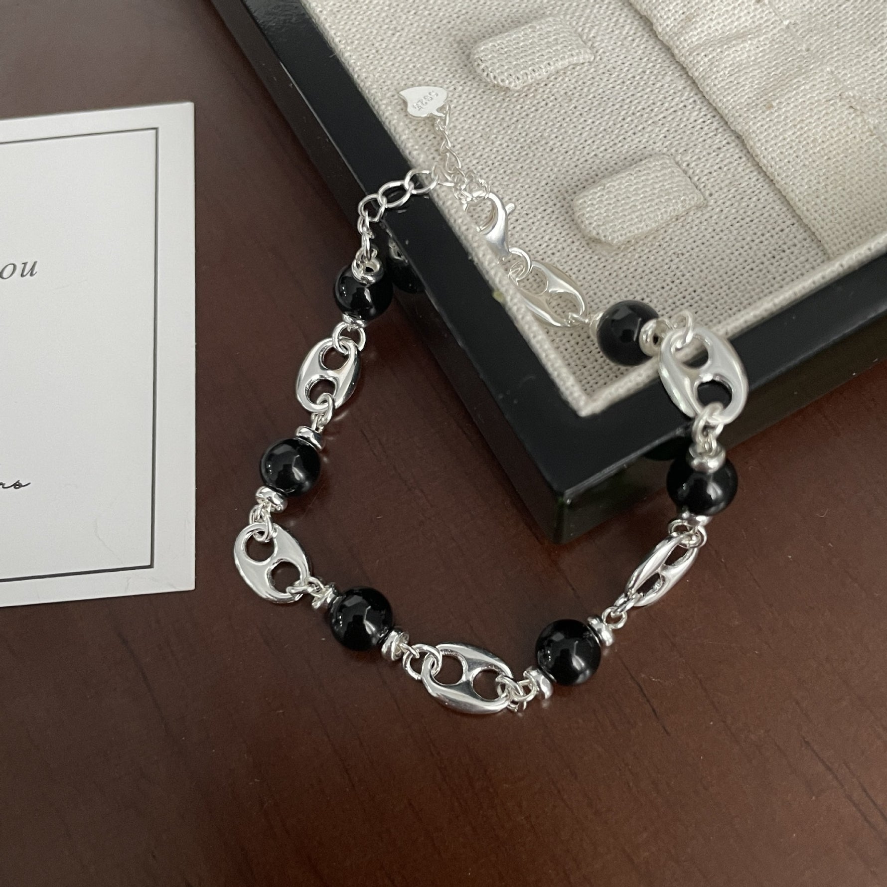 S925 Sterling Silver and Black Agate Bracelet
