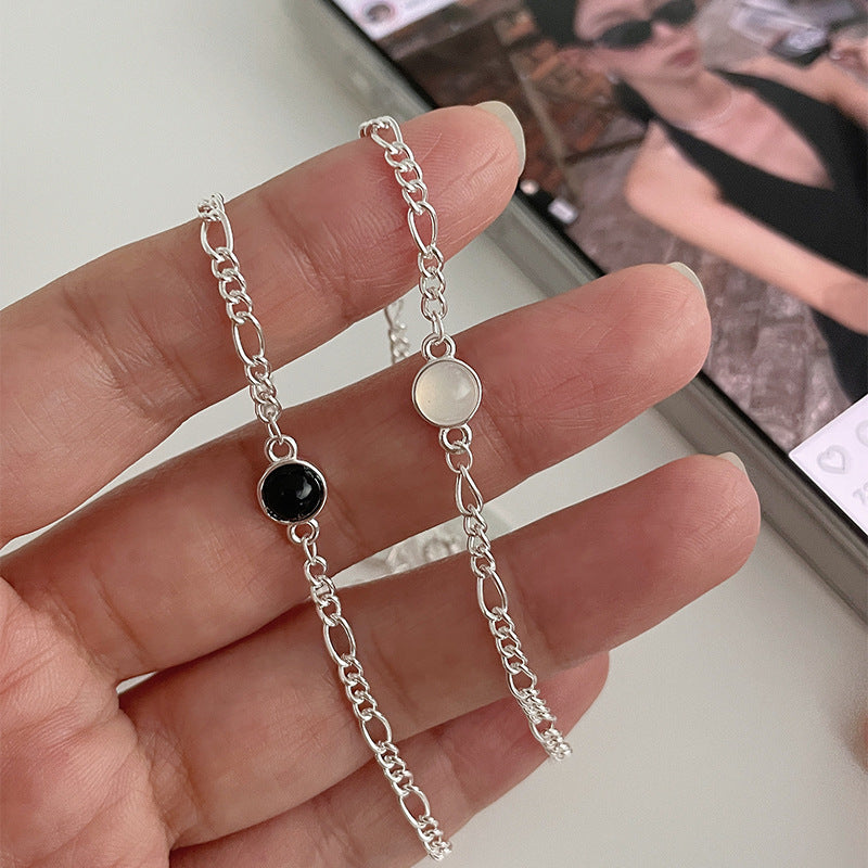 S925 Sterling Silver Round Black Agate Bracelet