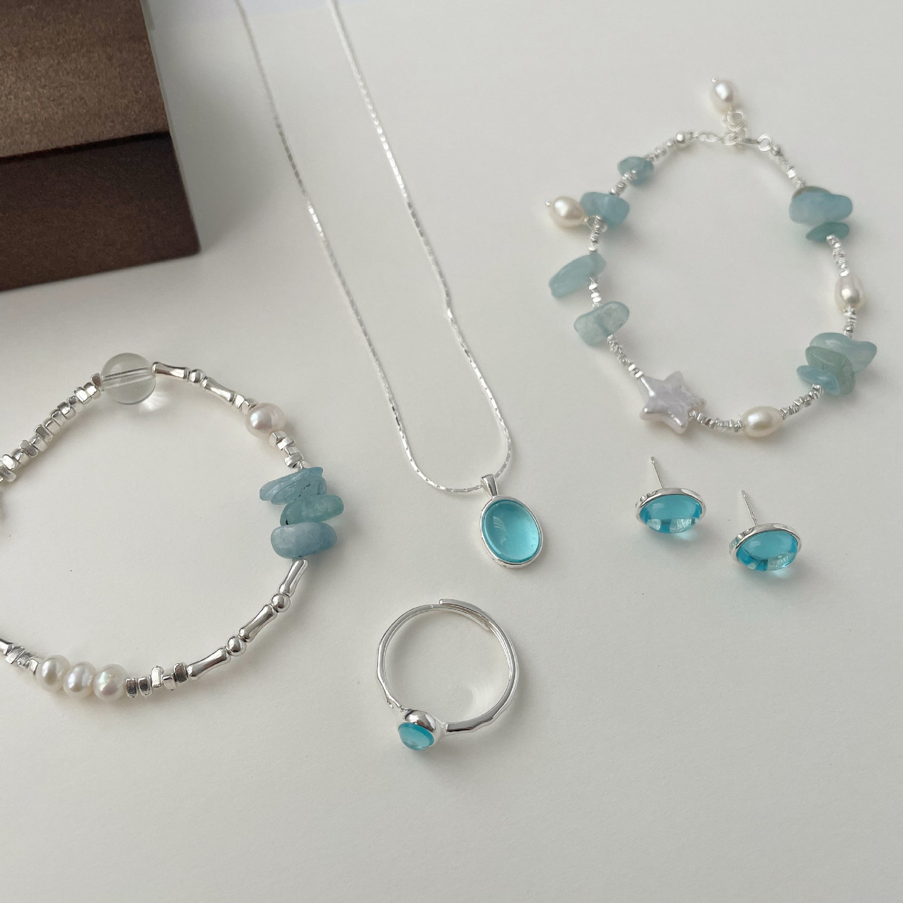 S925 Silver Aquamarine-Colored Bracelet Set