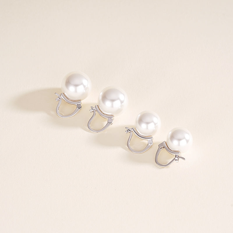 French-style sophisticated 14mm faux pearl S925 sterling silver hinged earrings