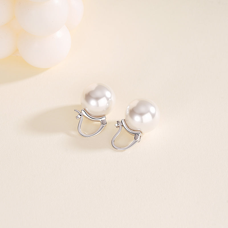 French-style sophisticated 14mm faux pearl S925 sterling silver hinged earrings