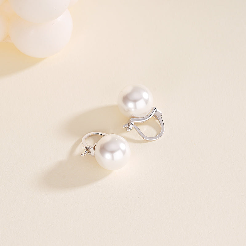 French-style sophisticated 14mm faux pearl S925 sterling silver hinged earrings