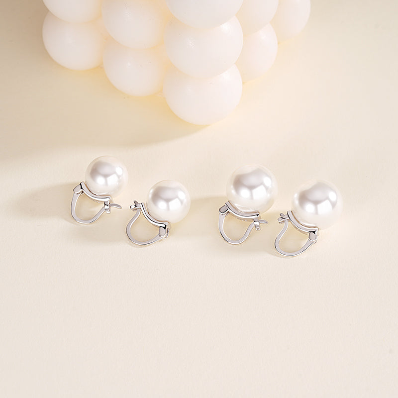 French-style sophisticated 14mm faux pearl S925 sterling silver hinged earrings