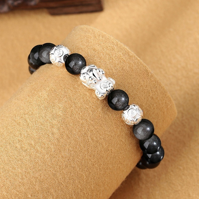 999 Fine Silver Pixiu Cool‑Style Obsidian Bracelet for Men