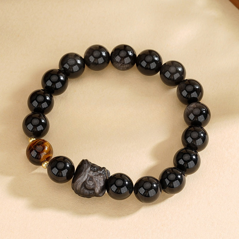 S925 Sterling Silver Natural Obsidian & Tiger's Eye Retro Cool Lion Dance Beaded Bracelet