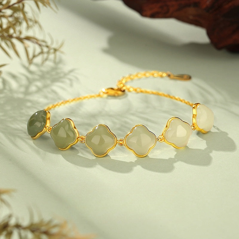 S925 Sterling Silver Women Bracelet | Gradient Hetian Jade Four‑Leaf Clover